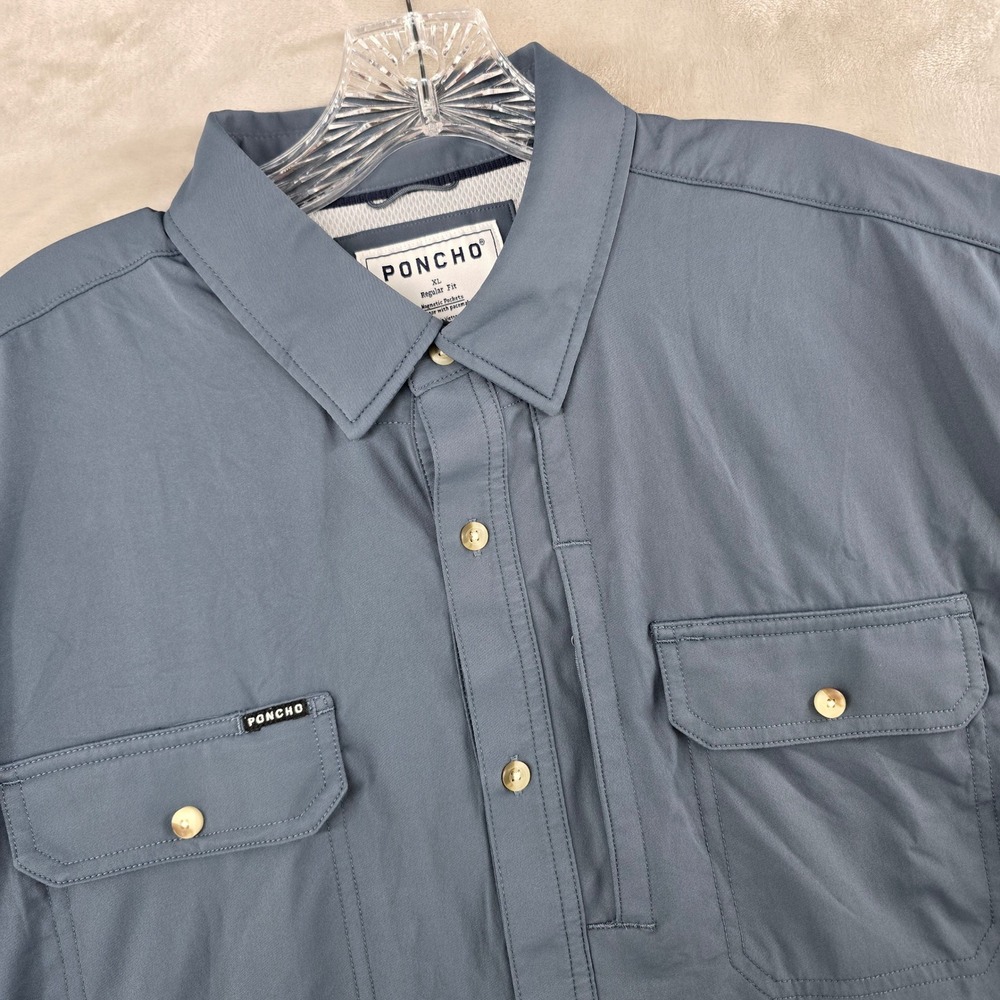Poncho Outdoors Shirt Mens XL Gray Blue Short Sleeve Magnetic Pockets Vented